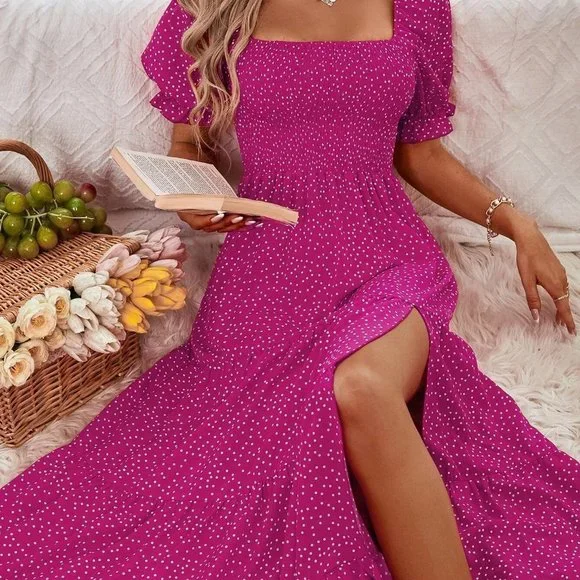 Hot Pink Boho Womens bPolka Dot Shirred Puff Sleeve Split Thigh Ruffle Hem Dress - Picture 3 of 5